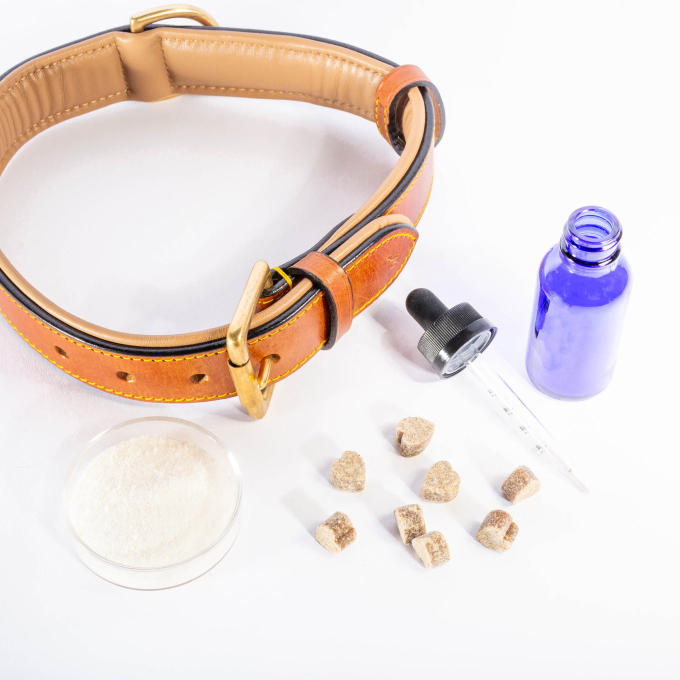 Pet collar, vial and dropper, pet treats, and petri dish of white powder on a white table