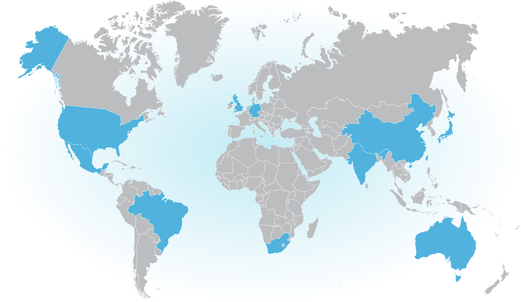 Global Presence Map Highlighting USA, Mexico, Brazil, UK, Germany, India, China, Japan & More