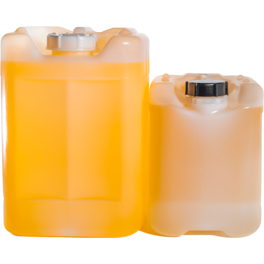 Plastic lidded tubs of amber colored liquid