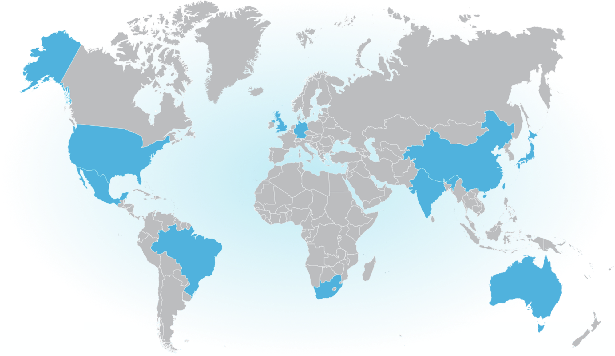 World map in gray highlighting select countries in blue: USA, Mexico, Brazil, UK, Germany, South Africa, India, China, Taiwan, Japan, Australia