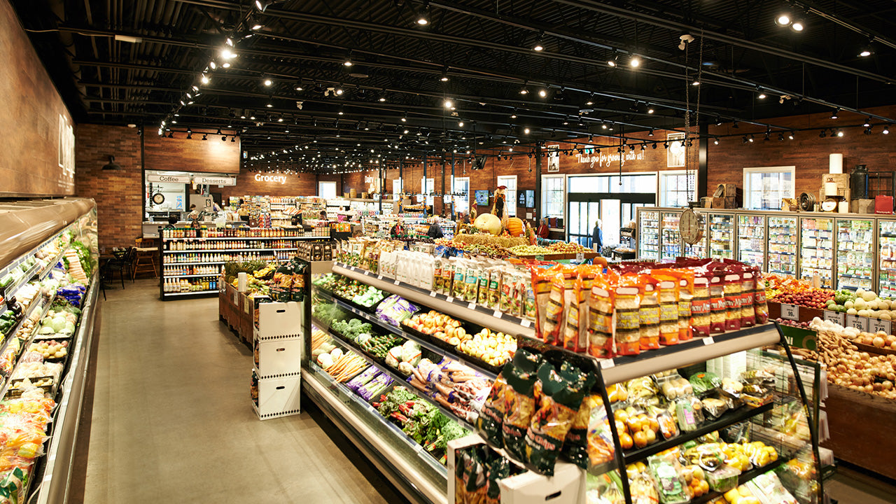 View from above rows of grocery store shelves